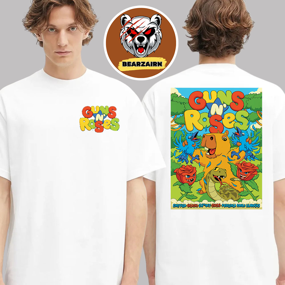 Guns N Roses Brazil Show Poster At Pedreira Paulo Leminski In Curitiba, Brazil On October 28th 2025 Two Sided Unisex T-Shirt Guns N Roses Brazil Show Poster At Pedreira Paulo Leminski In Curitiba, Brazil On October 28th 2025 Two Sided Unisex T-Shirt