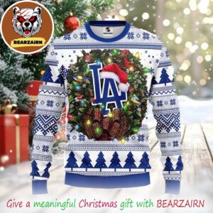 Los Angeles Dodgers Logo With Santa Hat Wreath 2025 Christmas Ugly Sweater