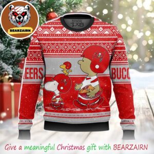 Tampa Bay Buccaneers Snoopy Charlie Brown Peanuts NFL Football Holiday Knit With Fair Isle Pattern Snowflakes Winter 2025 Ugly Christmas Sweater