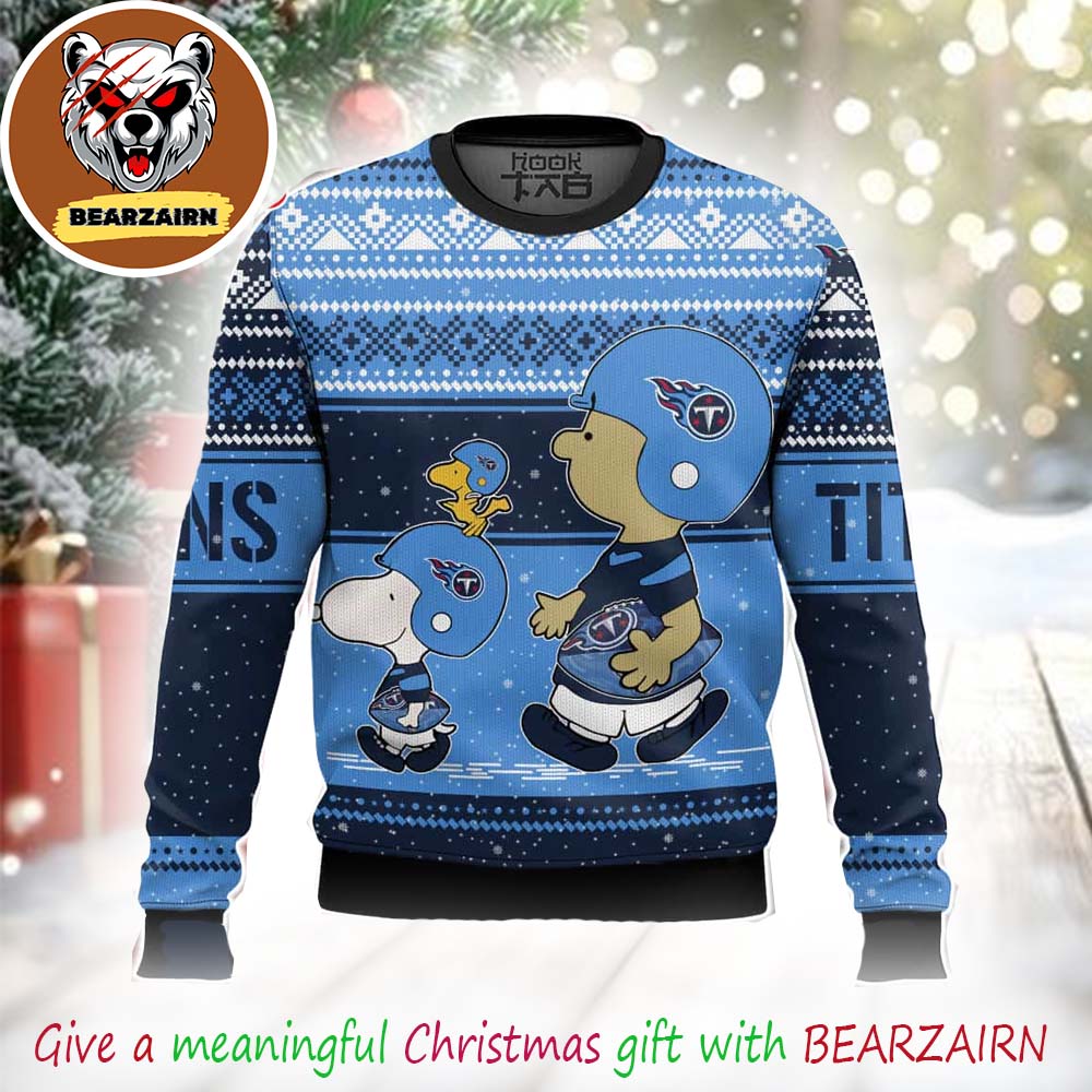 Tennessee Titans Snoopy Charlie Brown Peanuts NFL Football Holiday Knit With Fair Isle Pattern Snowflakes Winter 2025 Ugly Christmas Sweater Tennessee Titans Snoopy Charlie Brown Peanuts NFL Football Holiday Knit With Fair Isle Pattern Snowflakes Winter 2025 Ugly Christmas Sweater