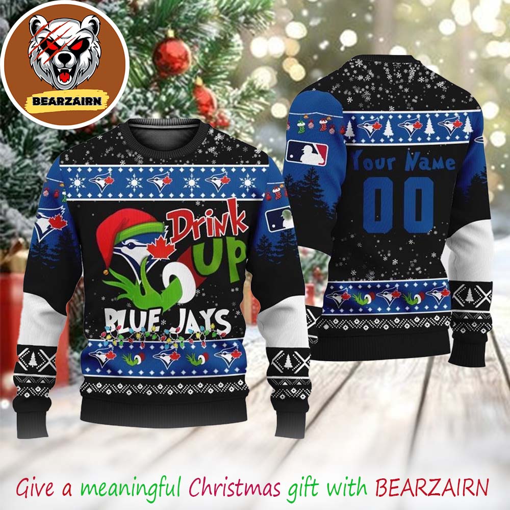 Toronto Blue Jays MLB Grinch Drink Up Christmas Gift For Football Fans 2025 Custom Name And Number Ugly Christmas Sweater Toronto Blue Jays MLB Grinch Drink Up Christmas Gift For Football Fans 2025 Custom Name And Number Ugly Christmas Sweater