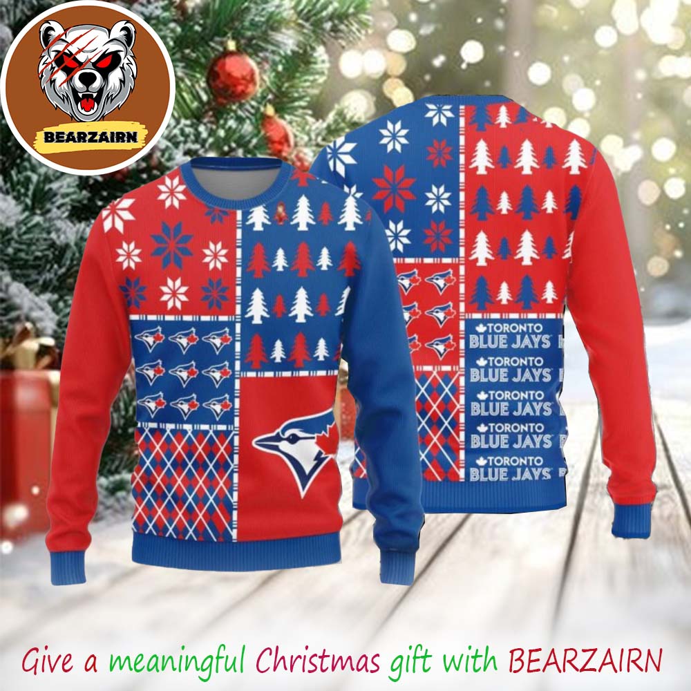 Toronto Blue Jays MLB Logo Blue And Red Champions World Series 2025 Ugly Christmas Sweater Toronto Blue Jays MLB Logo Blue And Red Champions World Series 2025 Ugly Christmas Sweater