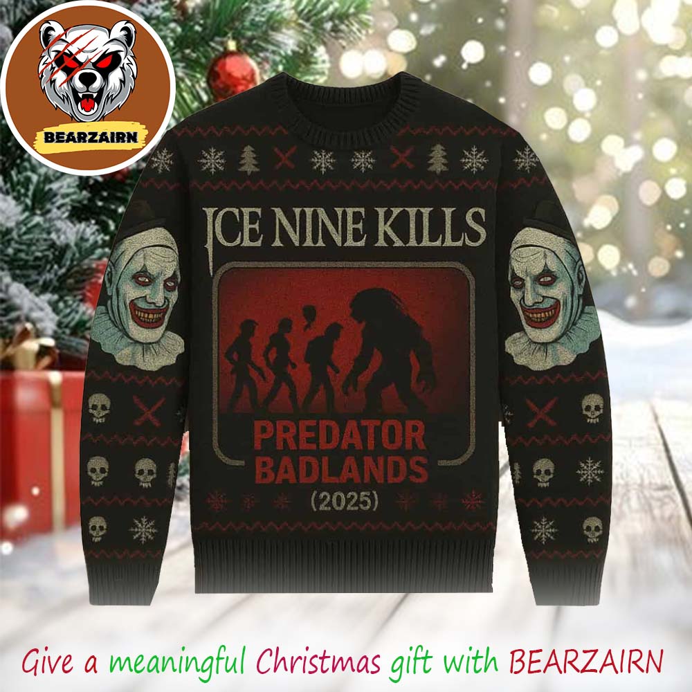 Ice Nine Kills X Predator Badlands 2025 Holiday Art The Clown Fair Isle Pattern Winter Party Ugly Christmas Sweater
