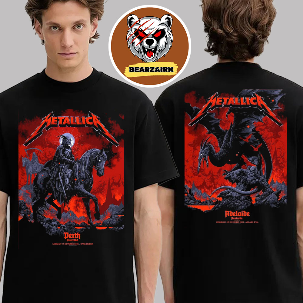 Metallica M72 Australia 2025 Pop Up Poster Night 1 And 2 At Optus Stadium In Perth And Adelaide Oval In Adelaide On November 1st And 5th 2025 Two Sided Unisex T-Shirt Metallica M72 Australia 2025 Pop Up Poster Night 1 And 2 At Optus Stadium In Perth And Adelaide Oval In Adelaide On November 1st And 5th 2025 Two Sided Unisex T-Shirt