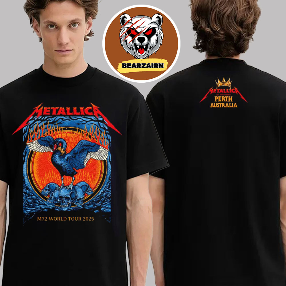 Metallica M72 Perth Australia 2025 Merch Tee At Optus Stadium On 1 November 2025 World Tour Two Sided T-Shirt Metallica M72 Perth Australia 2025 Merch Tee At Optus Stadium On 1 November 2025 World Tour Two Sided T-Shirt