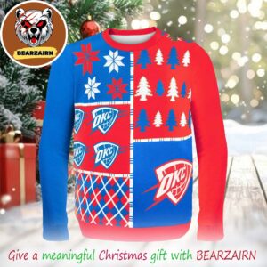 Oklahoma City Thunder NBA Busy Block Red And Blue 2025 Ugly Christmas Sweater