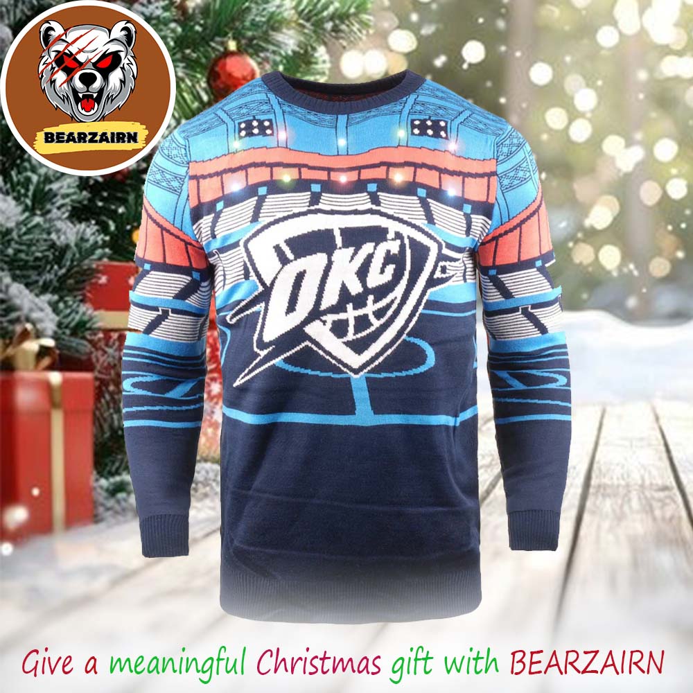 Oklahoma City Thunder NBA Light Up Stadium 2025 Christmas Ugly Sweater Oklahoma City Thunder NBA Light Up Stadium 2025 Christmas Ugly Sweater