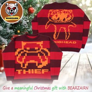 Radiohead Pixel Bear Thief Red Striped Jumper 2025 Christmas Ugly Sweater